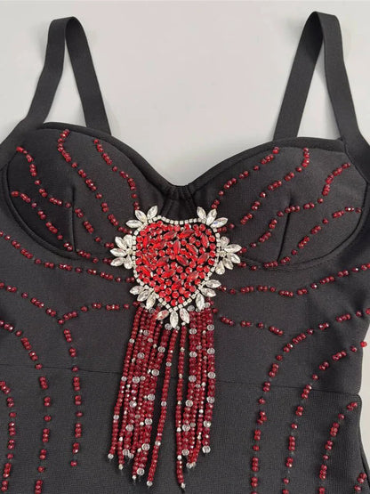 Sexy Spaghetti Strap Rhinestones Beads Tassels Bandage Dress Women Black Sleeveless Bodycon Dresses Maxi Evening Party...