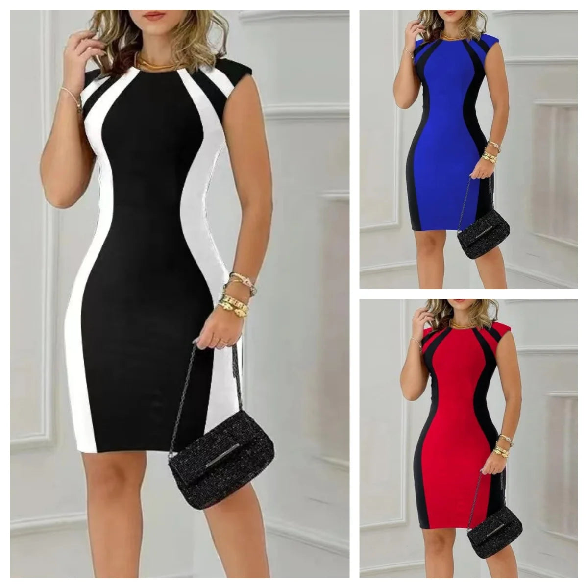 Women Fashion Round Neck Sleeveless Bodycon Zipper Mini Dress New Summer Colorblock Back Split Party Lady Slim Pencil Dresses