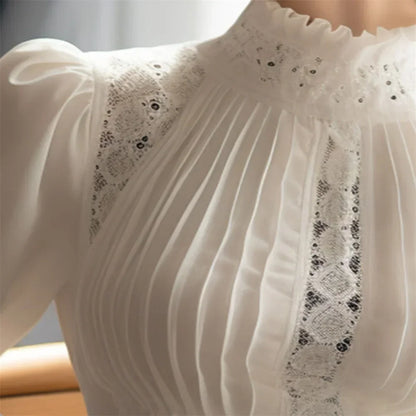 2024 Spring Ladies Patchwork Lace Hollow Out Long Sleeve Shirt Tops New Korean Fashion Women's Solid Color Stand Collar Blouses