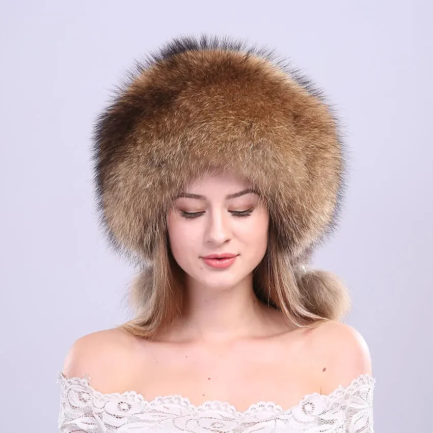 ICYMI Whole Piece Raccoon Fur Hats Unisex Super Warm Russian Outdoor PomPom Caps Skiing Snow Real Fur hats Women Men's Headgear