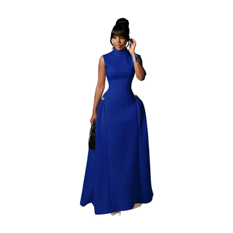 Women High Neck Sleeveless Fitted Floor Length Maxi Dress With Side Flared Detail For Formal Gala Wedding And Evening...