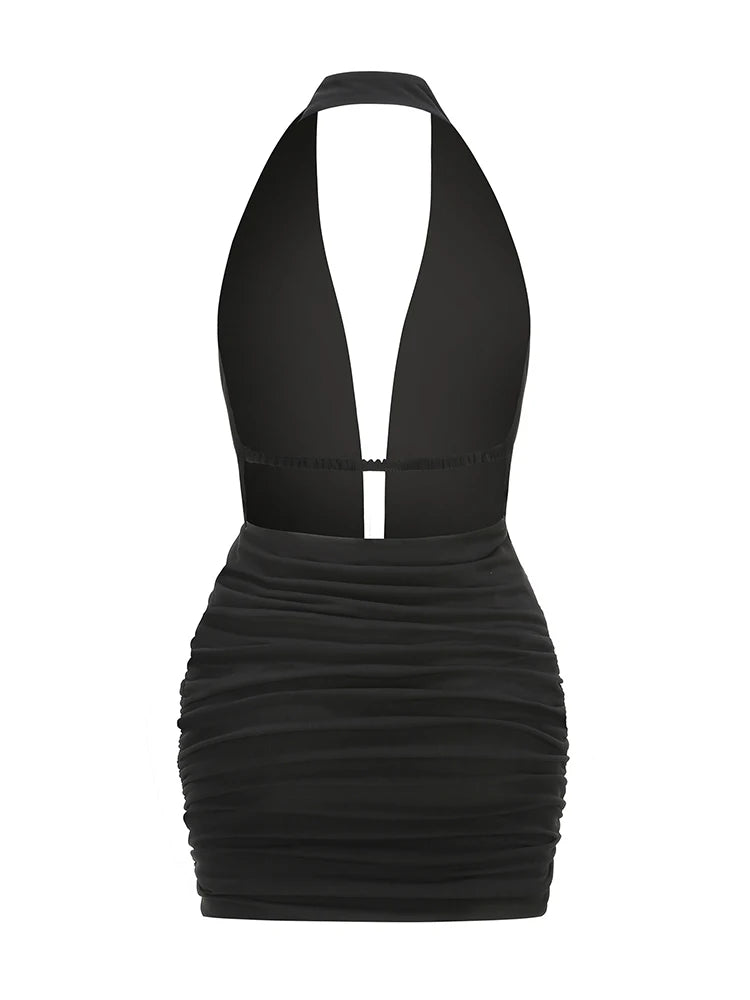 Sexy Halter Deep V Neck Pleated Draped Mini Dress Women Black Sleeveless Backless Metal Buckle Slim Dresses Evening...