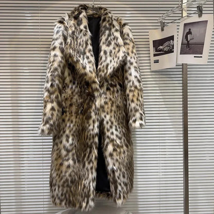 Women Faux Fur Long Coats Jackets Turn Down Collar Leopard Print Coat Thick Warm Y2k Streetwear Jacket Outerwear Autumn Winter