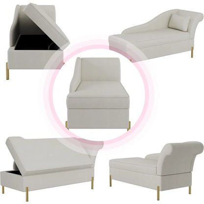 Velvet Chaise Lounge with Storage, Modern Upholstered Tufted Chaise Lounge Chair Indoor Sofa Recliner Couch for Bedroom Office