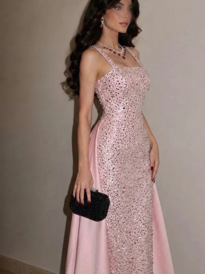 Ofherown Spaghetti Strap Pink Sequins Beaded Evening Dress Satin Train Long Prom Gown Wedding Party Formal Dress