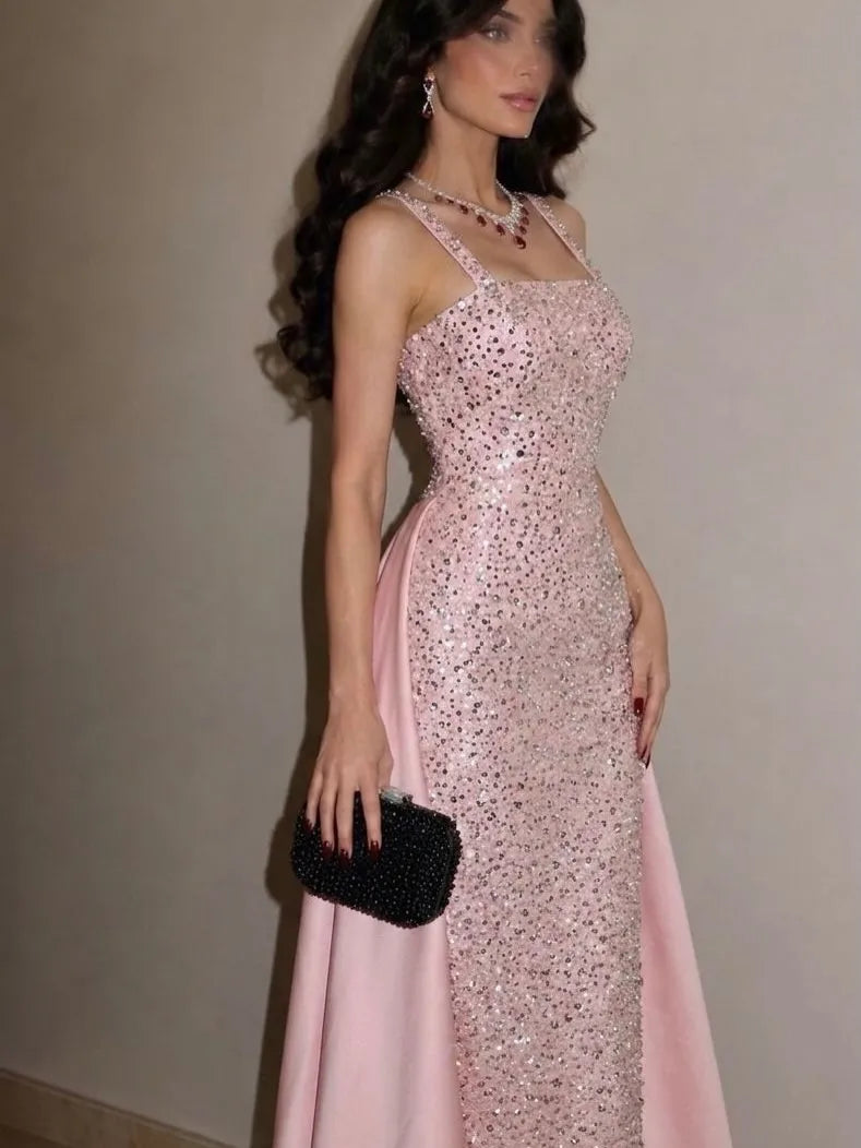 Ofherown Spaghetti Strap Pink Sequins Beaded Evening Dress Satin Train Long Prom Gown Wedding Party Formal Dress