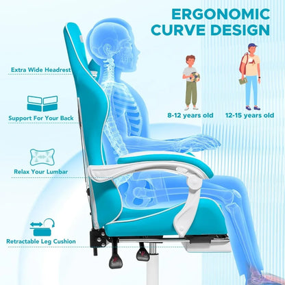 Light Blue & White Kids Massage Gaming Chair - Reclining PC Chair with Footrest, Lumbar Support & Headrest for Gaming Room