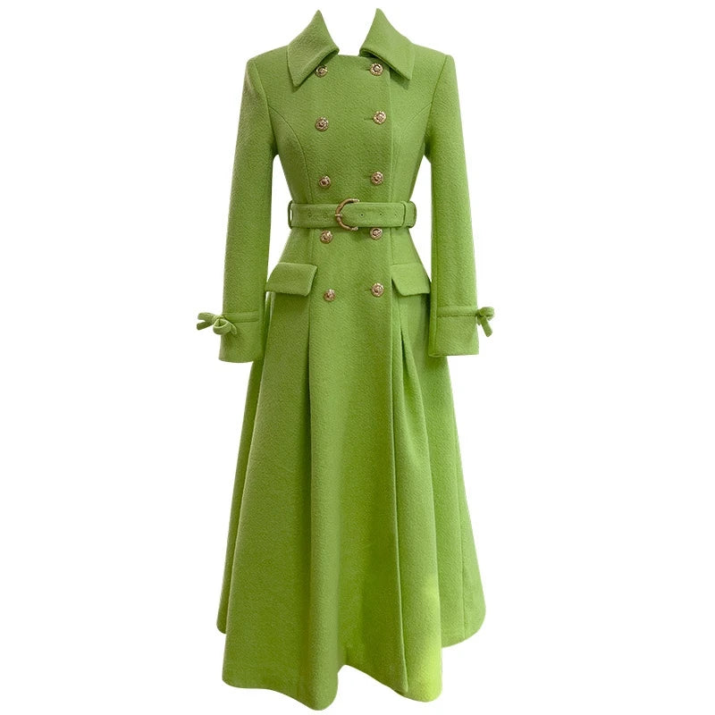 Women Elegant Double Breasted Coat Fashion Turn Down Sashes Collar Slim Fit Sashes Woolen Fabric Winter Lady Long Style Overcoat
