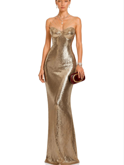 Ofherown Gold Sequin Mermaid Evening Dress Strapless Chain Straps Bustier Floor Length Formal Prom Gown Red Carpet Customized