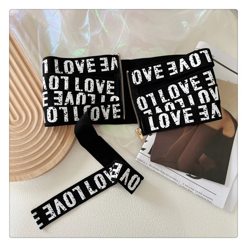 GetSpring Women Cummerbunds Letter Printed Zipper Black Wide Belt Fashion Elastic Waistband All Match Ladies Waist Band Corset