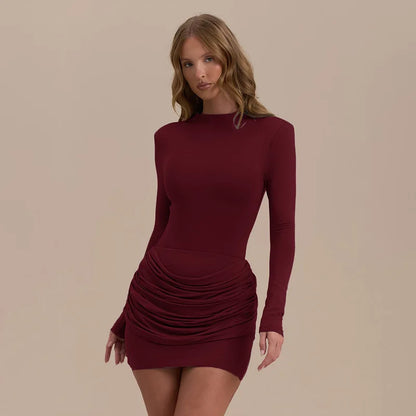 Solid Color Gathered Hip Cover Long Sleeve Dress Women's Spring Summer New Casual Round Neck Dresses For Women Ropa...