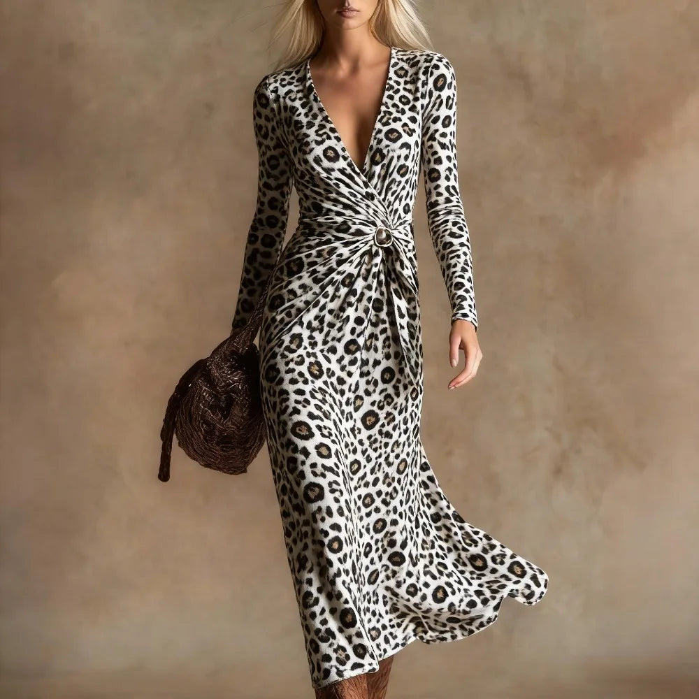 Sexy Leopard Print Velvet Maxi Dress Women Long Sleeve V Neck Twist Front Elegant Cocktail Party Dress Vacation Evening Dress