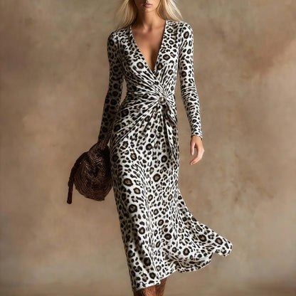 Sexy Leopard Print Velvet Maxi Dress Women Long Sleeve V Neck Twist Front Elegant Cocktail Party Dress Vacation Evening Dress