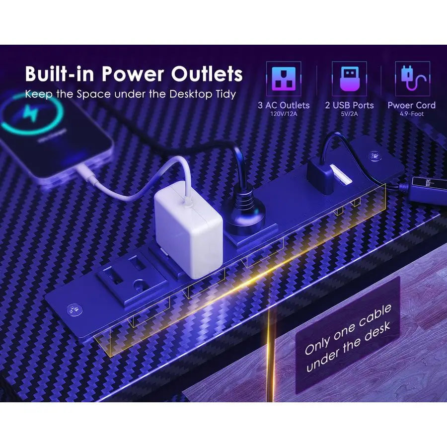 48 Inch Gaming Desk with USB Charging Ports and LED Lights, Reversible L Shaped Computer Desk with Storage Shelves amp Monitor