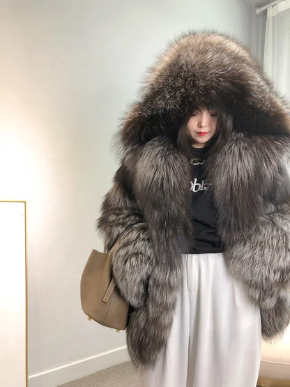 Real Natural Silver Fox Fur Coat Highend Quality Hood Genuine Women Winter Luxury Female Jacket Long Sleeve
