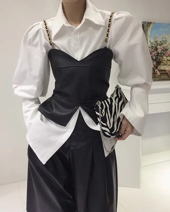 Spring Loose Bubble Sleeved Shirt Y2k White Shirts Women Chain PU Leather Vest Top Blusas Mujer De Moda 2024 Casual 2 Sets - Kimlud