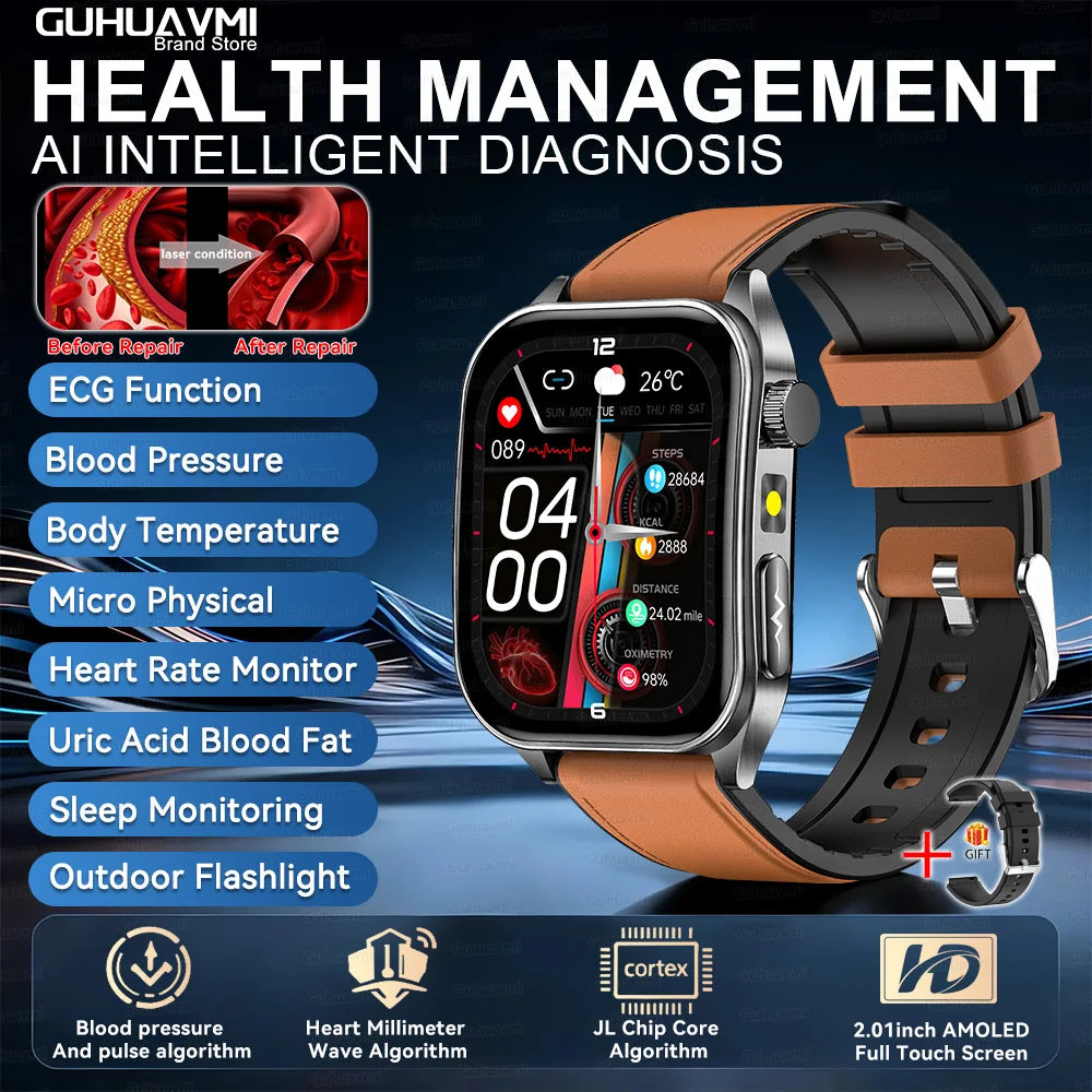 2025Hot AI-GPT Diagosis ECG Health SmartWatch Blood Pressure Lipid Uric Acid 650nm Dual-Probelaser Heart Analysis Smart bracelet