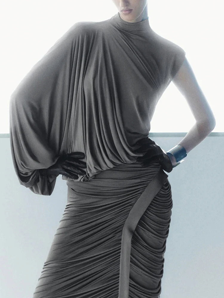 Nibber Summer Y2K Solid Style 2Piece Set Women Turtleneck Single Shoulder Sleeve Tops+Ruched Long Skirts Fashion Elegant Outfits