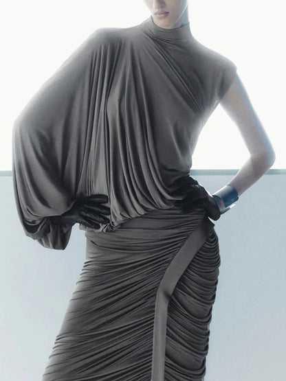 Nibber Summer Y2K Solid Style 2Piece Set Women Turtleneck Single Shoulder Sleeve Tops+Ruched Long Skirts Fashion Elegant Outfits