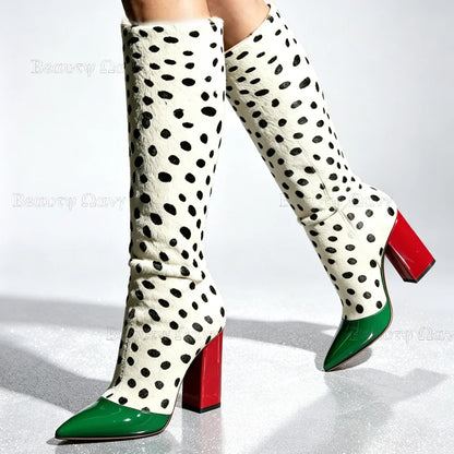 Green Red Milk Leopard Boots Mid High Pointed Toe Chunky Heel Women Shoes High Heel Shoes for Girls Zapatos Para Hombres