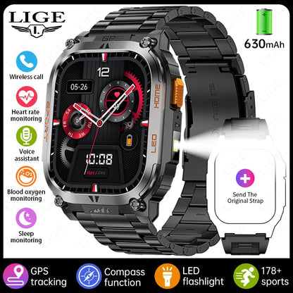 LIGE New GPS Tracking Smart Watch  LED Flashlight 1.96inch HD Screen Compass BT Call Waterproof Sport Smartwatch For Android iOS