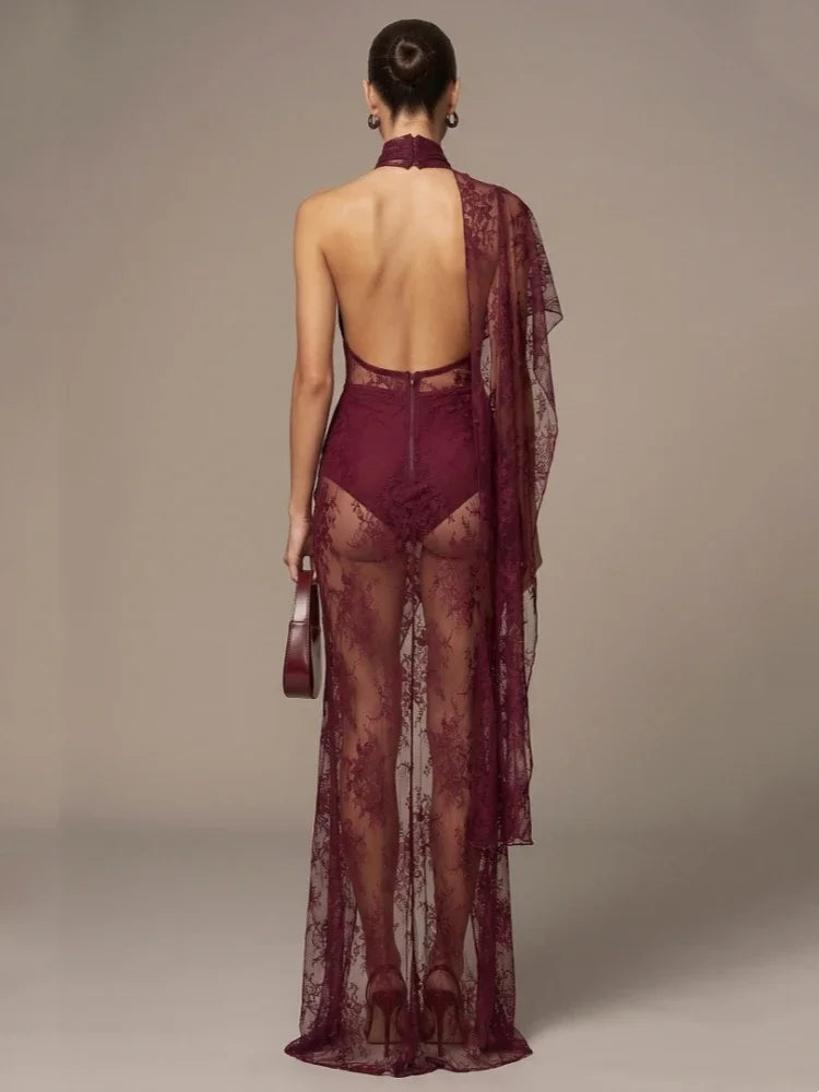 Sexy Backless High Neck Lace See Through Draped Folds Split Long Dress Women Black Sleeveless Slim Dresses Evening Party Gowns
