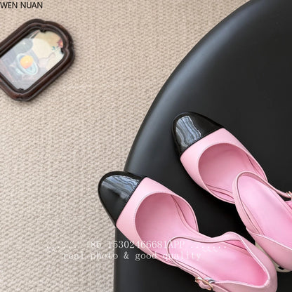 2026 New Genuine Leather Sandals Women Mary Jane Shoes Large Round Pearl Heels Buckle Strap Jane Women's Shoes Leather Side Open - Kimlud