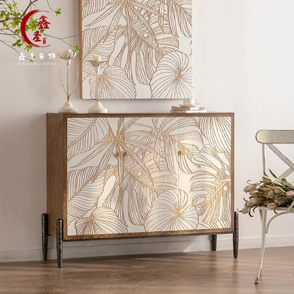 Modern Solid Wood Carving Flower Sideboard Buffet Cabinet with Door, Large Kitchen Storage Cabinet with Solid Wood Console Table