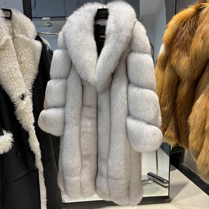 YOLOAgain 2025 Winter Warm Long Luxury Real Fox Fur Jacket Coat Women 120cm length