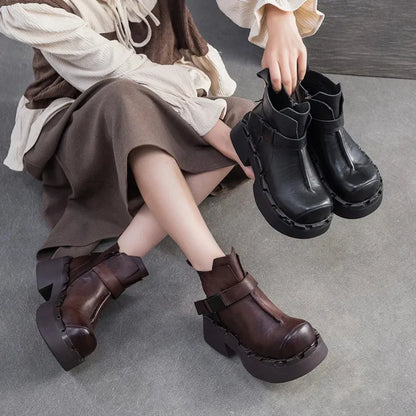 6.5cm Cow Natural Genuine Leather Autumn Flats Comfy Shoes Platform Wedge Elthnic Big Toe Women Ankle Booties Rubber Spring
