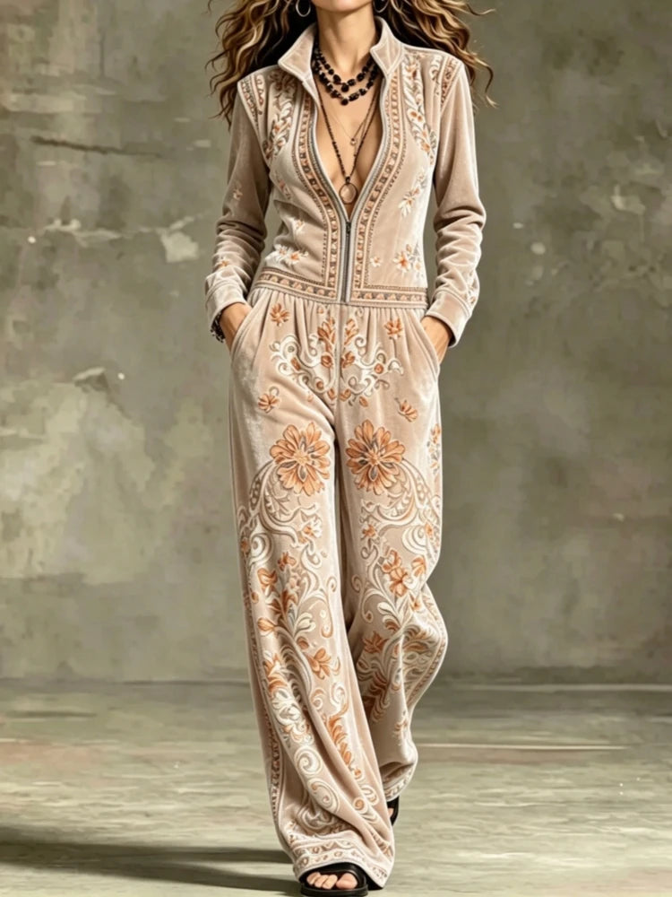 Women Vintage Velvet Jumpsuit Flower Print Stand Collar Zip Front Long Sleeve Wide Leg Loose Romper Formal Cocktail...