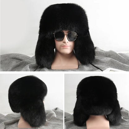 2025 Winter 100% Real Silver Fox Fur Bomber Hat Raccoon Fur Ushanka Cap Trapper Russian Men's Ski Hats Caps