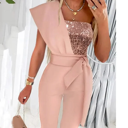 Summer Bodysuit Sexy Party Overalls Solid Sleeveless Women Jumpsuit Long Pants Rompers Lace-up Slim-fit Sequin Women's Trousers