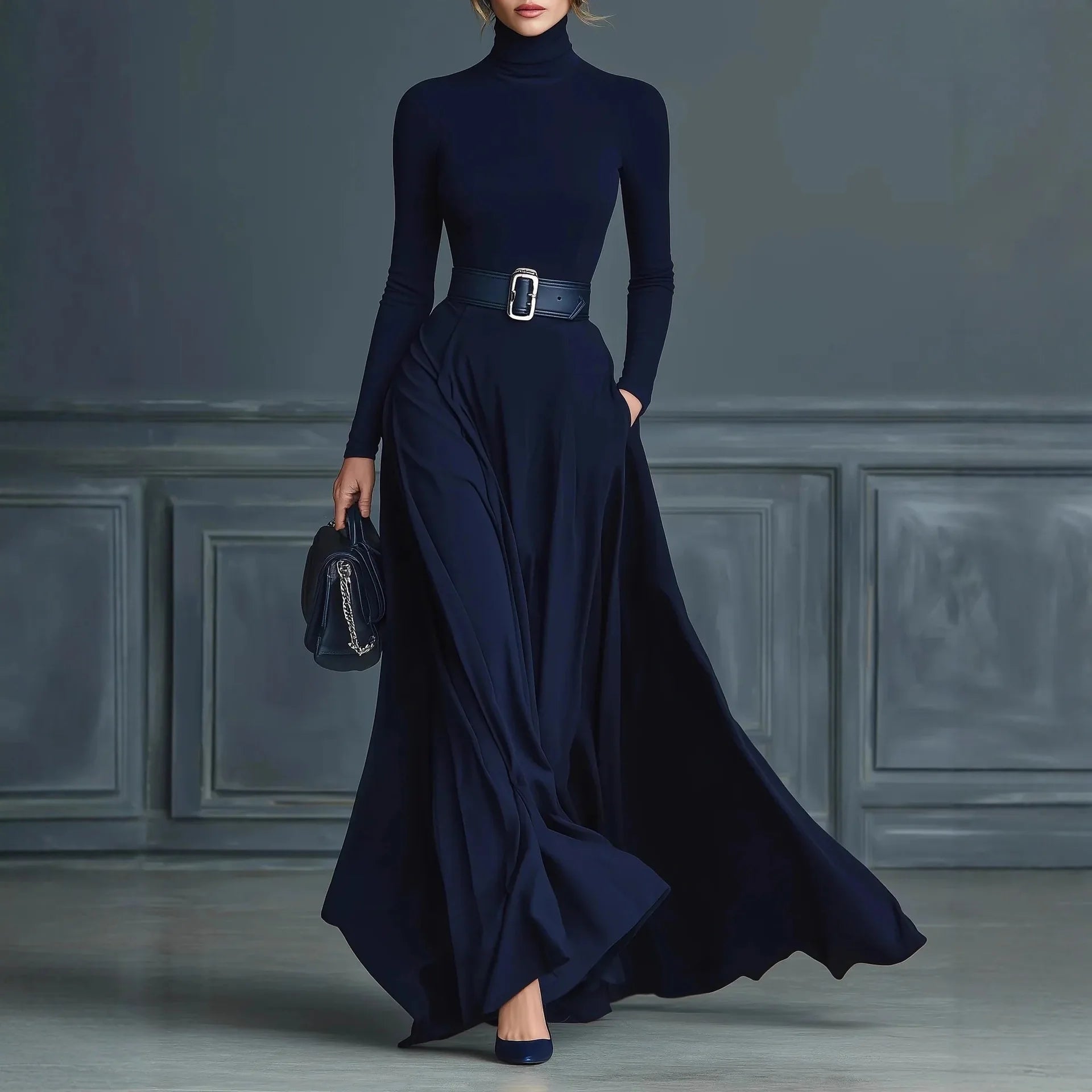 Women Elegant Turtleneck Solid With Pockets Dress Spring Autumn Fashion Slim Fit Big Swing Floor Length Evening Gown NO...