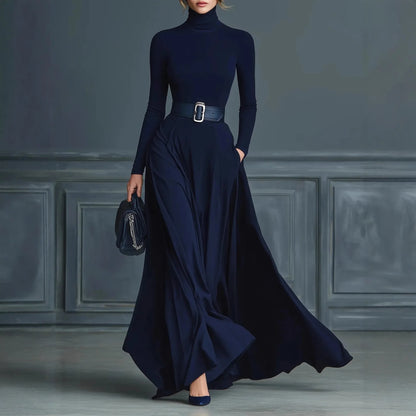Women Elegant Turtleneck Solid With Pockets Dress Spring Autumn Fashion Slim Fit Big Swing Floor Length Evening Gown NO...