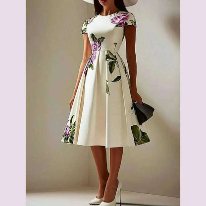 Modigirl 2025 New Woman Flower Print Midi Dresses Summer Skinny Stand Collar Elegant Vintage Romantic Evening Dress for Women