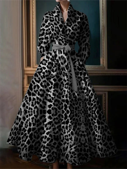 Elegant Leopard Dress for Women Pleated A-Line Dress with Belt Turn Down Collar Evening Long Sleeve Vintage Maxi Dress Vestidos