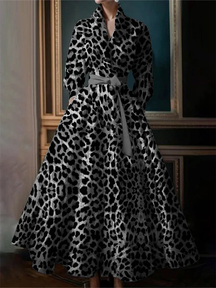 Elegant Leopard Dress for Women Pleated A-Line Dress with Belt Turn Down Collar Evening Long Sleeve Vintage Maxi Dress Vestidos