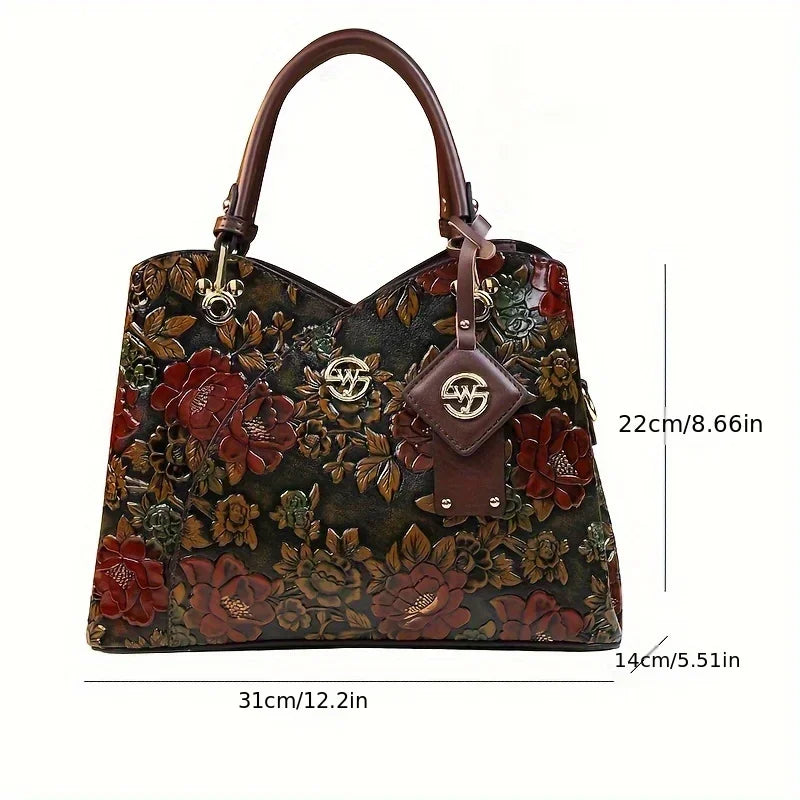 Light Luxury PU Leather Tote Bag Large Capacity Crossbody Women Bag Fashion Vintage Flower Pattern Purse and Handbag - Kimlud