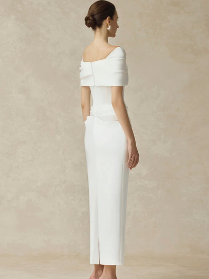 DEAT Elegant Dress Slash Neck Pleated Back Split Slim Hip Warp Long Women's Evening Party Dresses 2026 Winter New Tide...