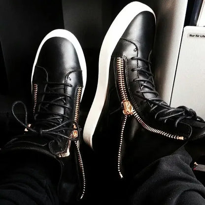 Celebrity Fashion Stars Men Vulcanize Shoes Men Spring Autumn Black PlatformSneakers Lace-up High Top Kanye Shoes Side Zipper