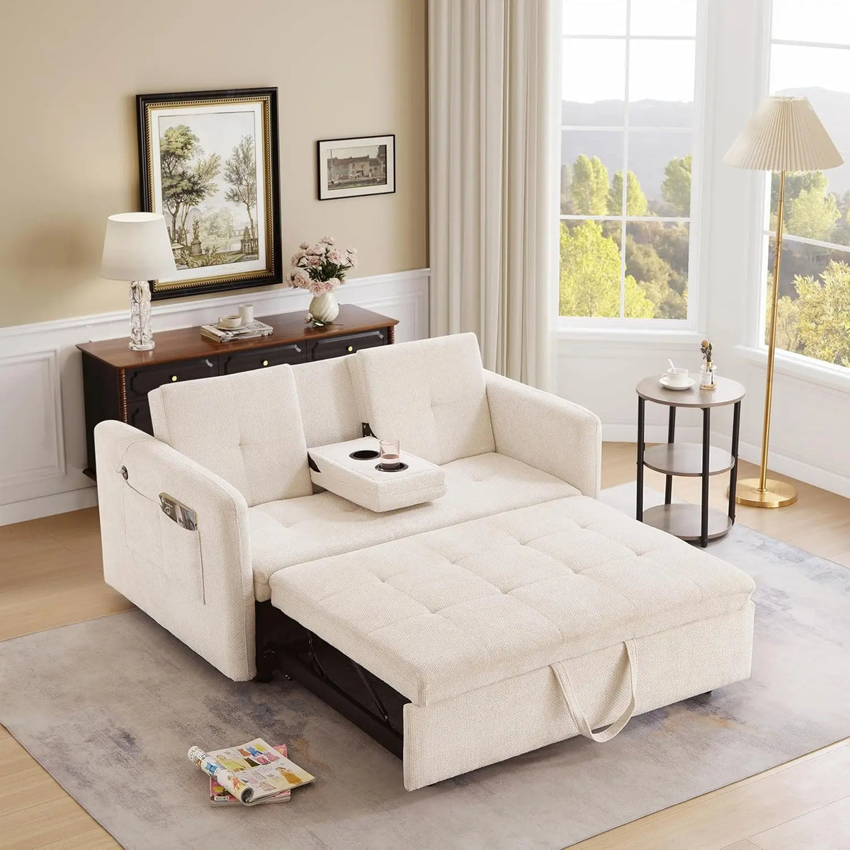 57.48" Convertible Sofa Bed with Cup Holder, Pull Out Sleeper Sofa Bed with USB Charging Ports, 3 in 1 Convertible, Customized