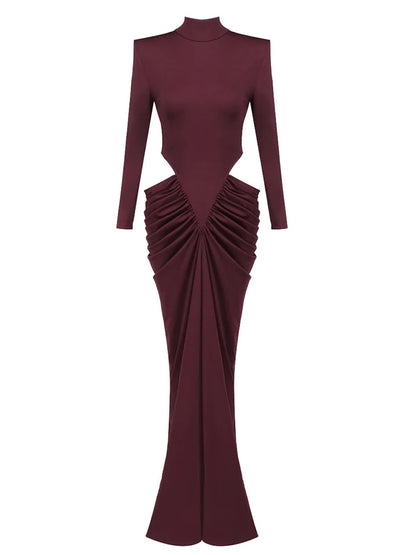 Sexy High Neck Waist Hollow Out Ruched Long Dresses for Women Long Sleeves Folds Bodycon Dress Evening Party Club Cocktail Gowns