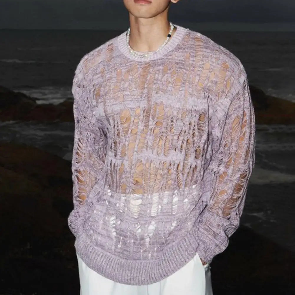 Men Tops Hollow-Out Mesh Knit Tops Crew Neck Long Sleeve Knitted T-Shirt Men Clothing Retro T-Shirt Spring Streetwear - Kimlud