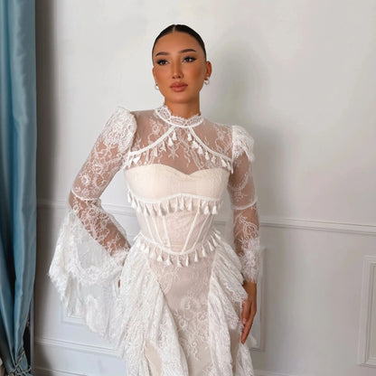 Ofherown White Lace Long Sleeve Maxi Dress Women High Neck Ruffle Prom Dress Elegant Formal Evening Gown 2026