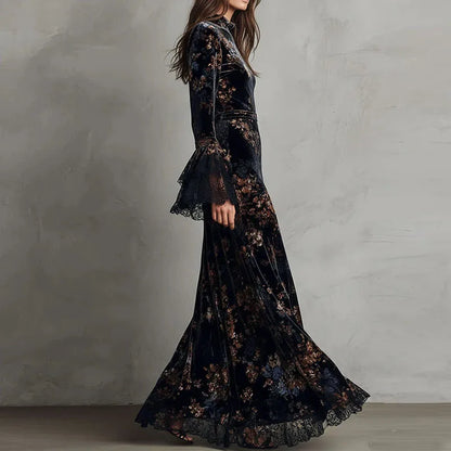 Retro New Floral Print Velvet Long Dresses Woman Sexy O Neck High Waist Evening Dress Autumn Long Sleeve Spliced Lace...