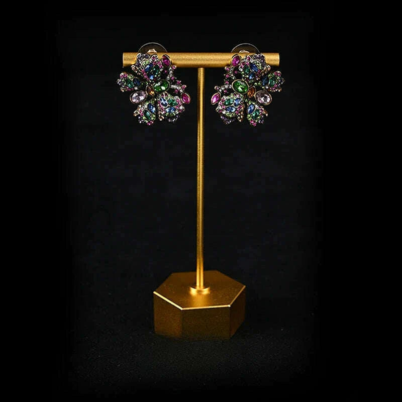 HD European and American  Sweet Retro Heavy Industry Elegant Literary Sparkling Rhinestone Butterfly Necklace Stud Earrings