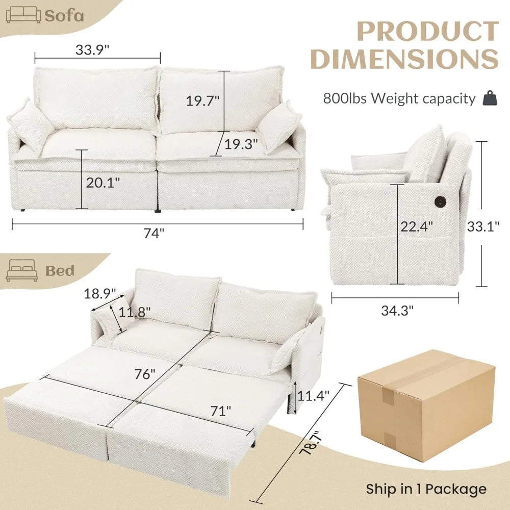 74" King Pull Out Sofa Bed - Convertible Sleeper Sofa Bed, Space Saving Corduroy Loveseat Chaise Lounge with USB Charging, Side - Kimlud