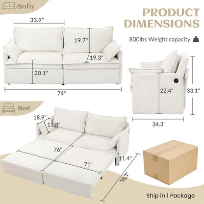 74" King Pull Out Sofa Bed - Convertible Sleeper Sofa Bed, Space Saving Corduroy Loveseat Chaise Lounge with USB Charging, Side - Kimlud