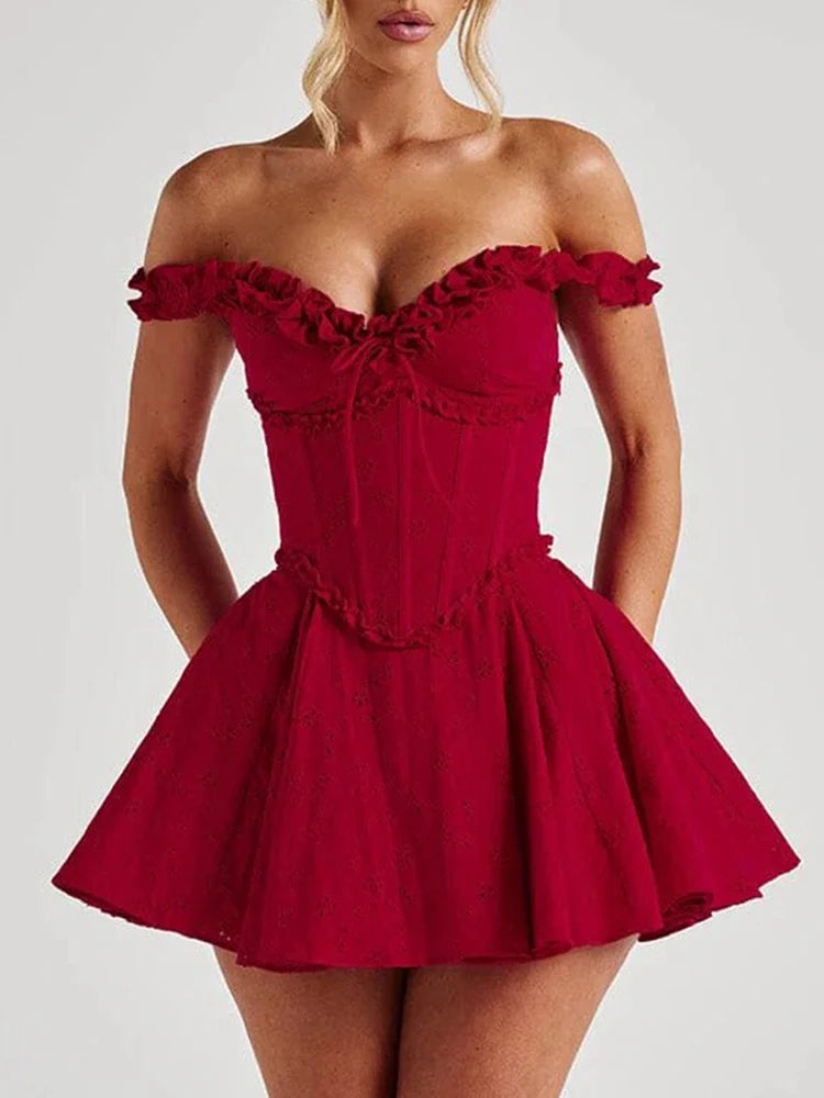 VC Trendy Red Off-Shoulder V Neck Mini Ruffled Dress with Corset Top for Festival & Event Favorite Gown